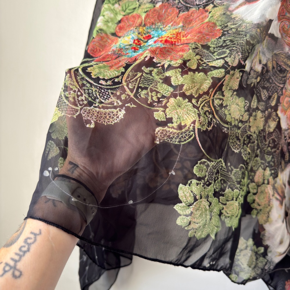 Boho Sheer Chiffon Poncho Top Womens One Size Black Floral Paisley Draped Blouse - Picture 12 of 16